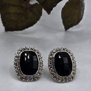 "5/$25" Black Faceted Silvertone Rhinestone Stud Earrings